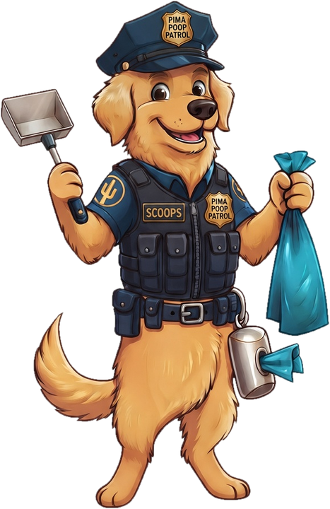 Scoops, the Pima Poop Patrol golden retriever mascot, holding a scooper and waste bag